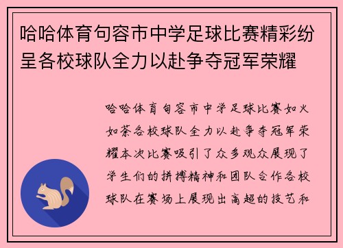 哈哈体育句容市中学足球比赛精彩纷呈各校球队全力以赴争夺冠军荣耀
