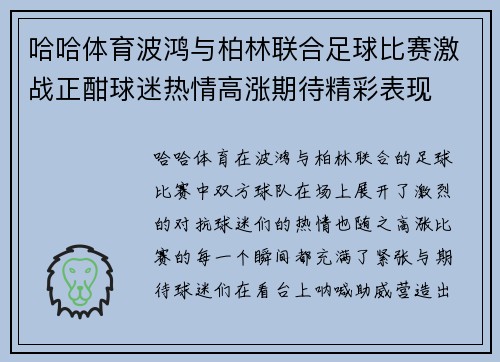 哈哈体育波鸿与柏林联合足球比赛激战正酣球迷热情高涨期待精彩表现